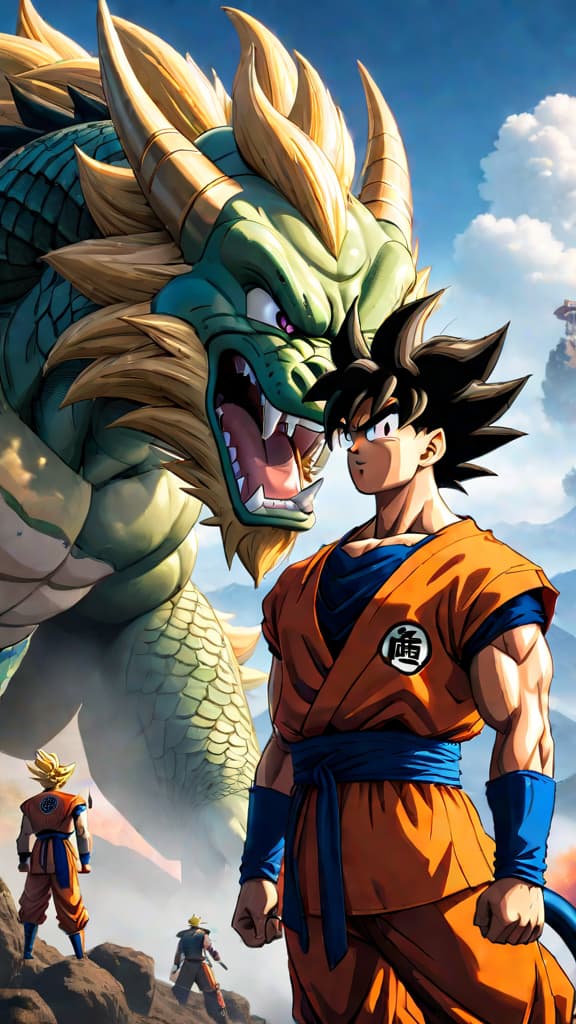  anime art: goku and z fighters facing a dragon ball less world, pondering how to protect earth. hyperrealistic, full body, detailed clothing, highly detailed, cinematic lighting, stunningly beautiful, intricate, sharp focus, f/1. 8, 85mm, (centered image composition), (professionally color graded), ((bright soft diffused light)), volumetric fog, trending on instagram, trending on tumblr, HDR 4K, 8K