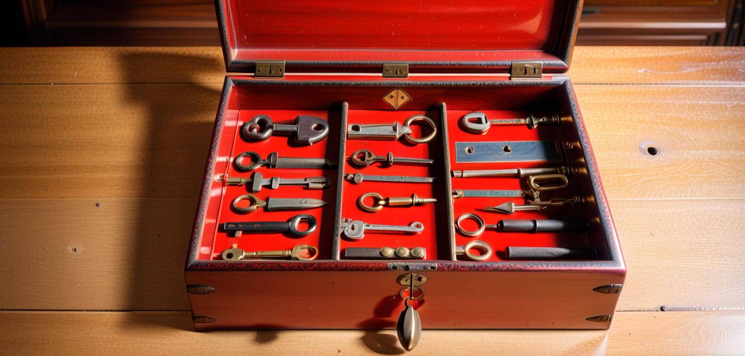  i look in a large, open, vintage, lacquered box with keys and tools. situated right in front of my face, civitai