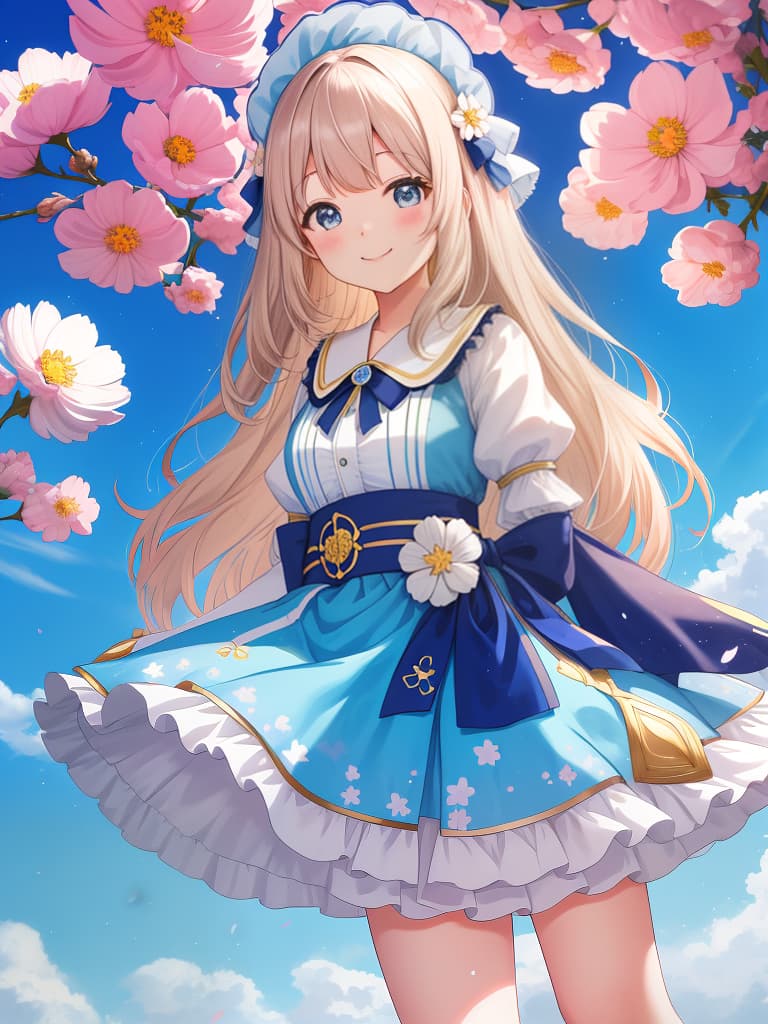  smile girls, akisakura, cosmos a lot, long hair, blue sky, bigger girls, masterpiece, best quality,8k,ultra detailed,high resolution,an extremely delicate and beautiful,hyper detail