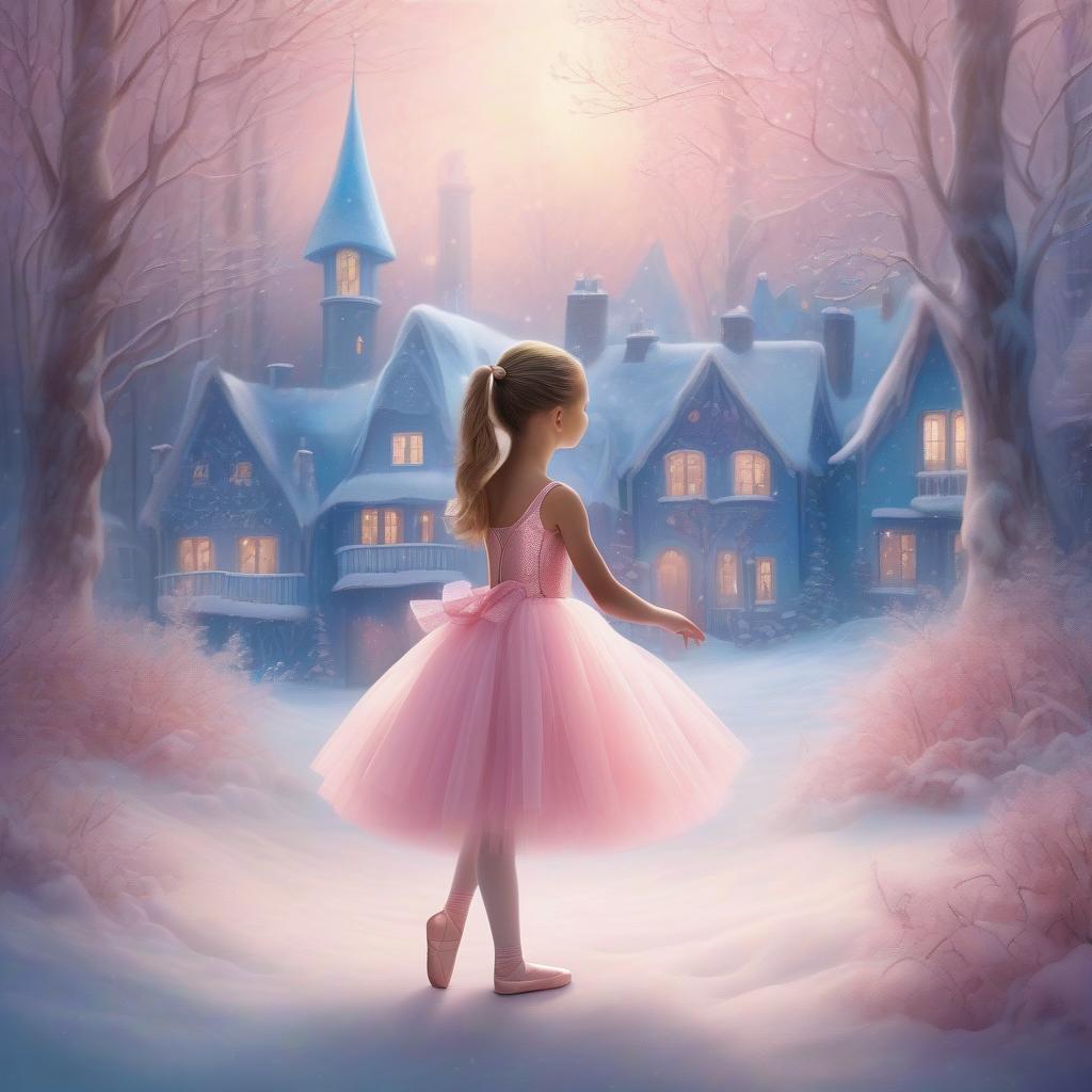  a small ballerina stands with her back in a pink dress illuminated by a ray of light, in front of her a winter fairy tale forest with houses, in blue and soft pink shades.