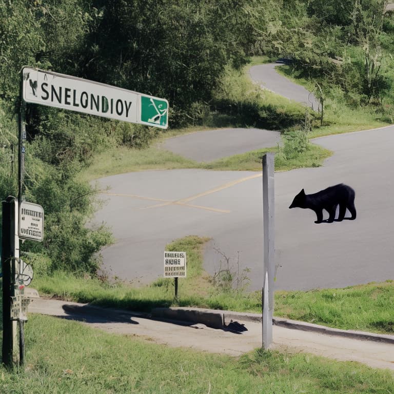 analog style Superstition about a black witch crossing the road with a black kitten, on a full moon night with a four-leaf clover next to shards of a broken mirror, next to a sign that says "Friday the 13th". humor, realistic, gothic fantasy, cartoon, cute, funny, 3d