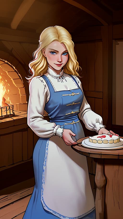  masterpiece, the best quality, a russian woman in traditional clothes prepares cakes in a stone oven, a very light smile, tense, piercing eyes, blue eyes, flowing blond hair, dressed in a traditional russian outfit, cooks in the open air, inside a wooden castle, against the background of an ancient russian throne room in a wooden castle, cartoon style, cute,