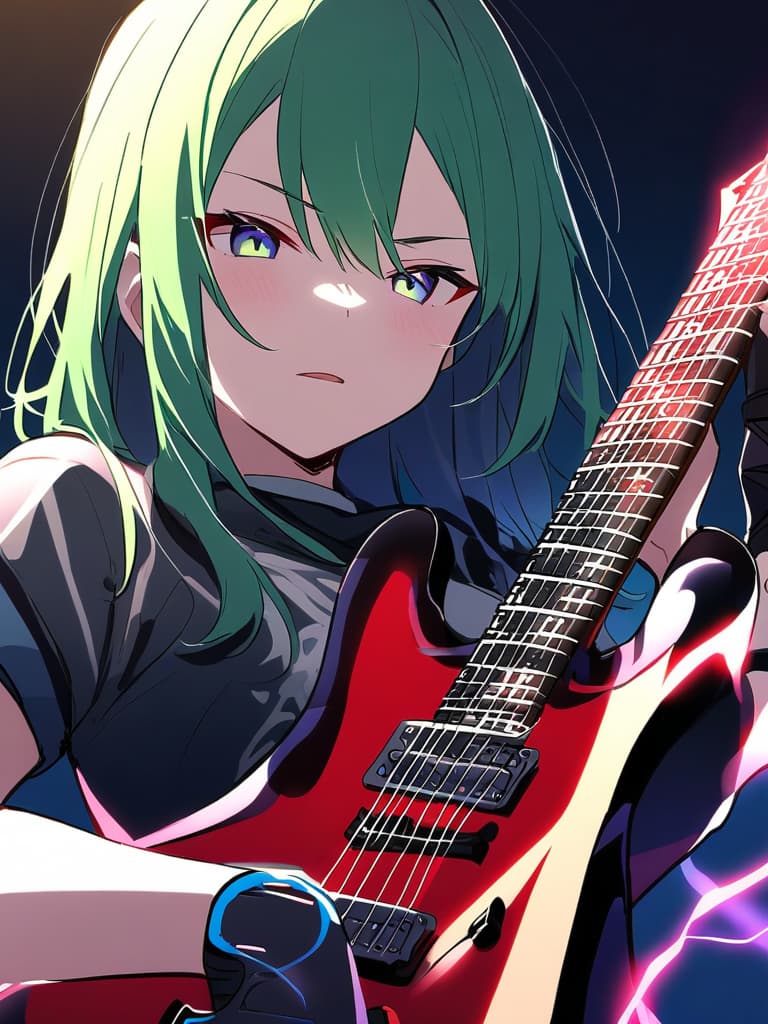  green hair,(((have an electric guitar:1.5)))