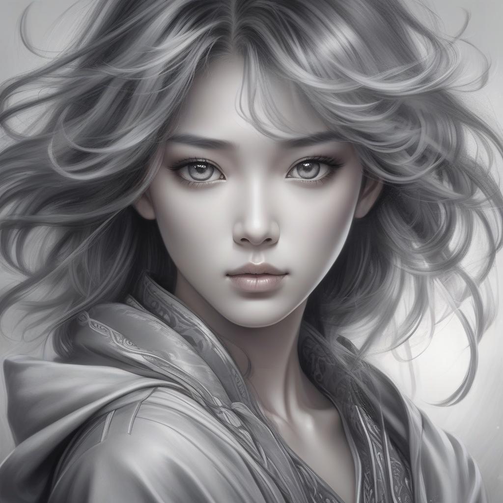  a talented asian artist proficient in creating exquisite portraits using digital art techniques, showcases a unique style known as digital art wonders. with elements of romantic realism, the artwork features a captivating blend of dark silver and light gray shades. the artist employs airbrush art techniques to create bold and visually striking manga inspired characters.