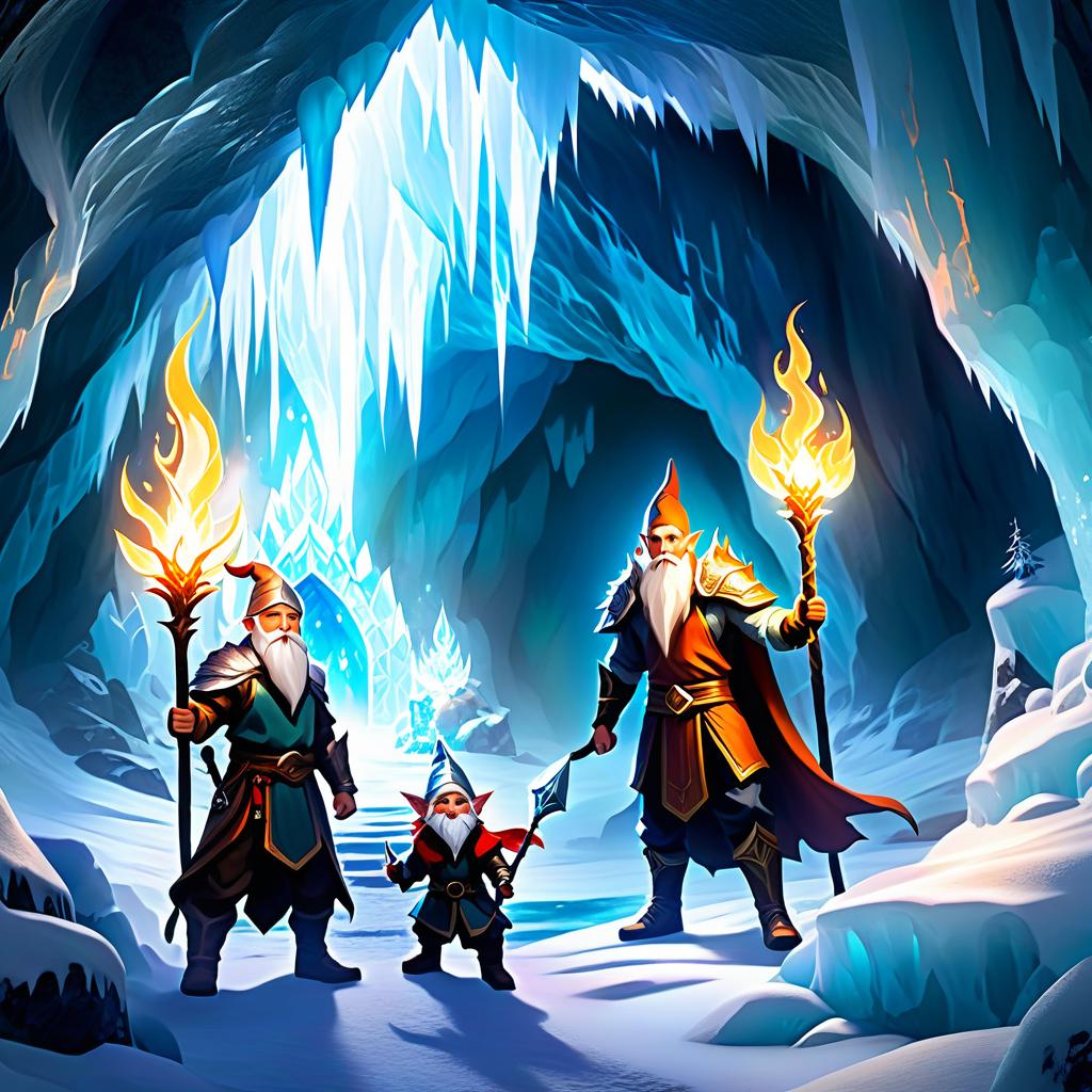  ethereal fantasy concept art of digital photo. an ice cave lit by torches. two figures. a bald gnome of strong build and a man of small stature with sharp ears and a cunning look with hair collected in a bundle in fear flee from an evil dragon of silver color with a mad expression of the face. . magnificent, celestial, ethereal, painterly, epic, majestic, magical, fantasy art, cover art, dreamy, civitai, glowneon