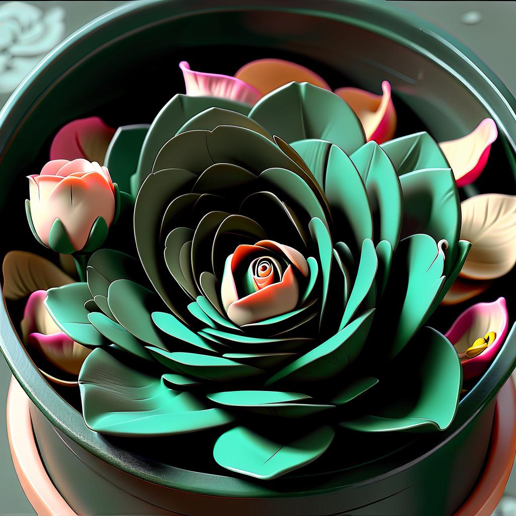  room flower in a pot. very dark green. buds. inside buds fish head. mouth fish mouth surrounded by petals. wrap fish head with rose petals