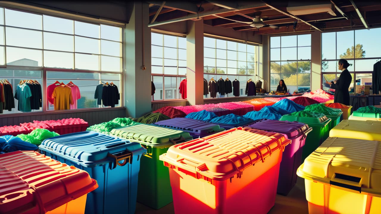  a vibrant scene of a san jose community recycling center, showcasing bins overflowing with colorful clothes, juxtaposed with a creative upcycling workshop where artisans transform garments into unique art pieces. sunlight filters through large windows. hyperrealistic, full body, detailed clothing, highly detailed, cinematic lighting, stunningly beautiful, intricate, sharp focus, f/1. 8, 85mm, (centered image composition), (professionally color graded), ((bright soft diffused light)), volumetric fog, trending on instagram, trending on tumblr, HDR 4K, 8K