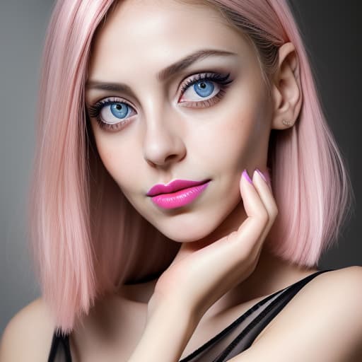  (--Style Photoralism, 16k) arafed woman with a pink lip and a pink manicure, 5 0 0 px models, big eyes, eyes and face, very detailed stunning deep eyes, 2 old female model, nubile body, friendly smile, hot , beautiful feminine face, ! eyes and face!, camisole, aenami alena