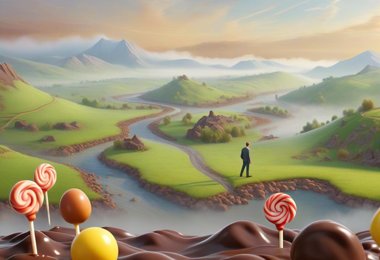  a landscape with a river going into the distance, in the distance mountains are lost in the fog, sunrise, stand at different points of the man in the same clothes work with chocolate, look to the future, in the foreground a river of molten chocolate, a bridge of realistic chocolate bars, green hills on the sides with giant bright lolly pops,