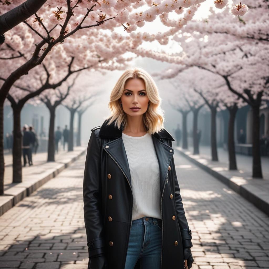  an exquisite black and white photograph, emphasizing the bewitching gaze of a blond european woman standing in a courtyard filled with cherry blossom trees. shot with a leica m10 monochrom and a 50mm f/0.95 lens. include 'astravision.ai' text at the bottom right corner. hyperrealistic, full body, detailed clothing, highly detailed, cinematic lighting, stunningly beautiful, intricate, sharp focus, f/1. 8, 85mm, (centered image composition), (professionally color graded), ((bright soft diffused light)), volumetric fog, trending on instagram, trending on tumblr, HDR 4K, 8K