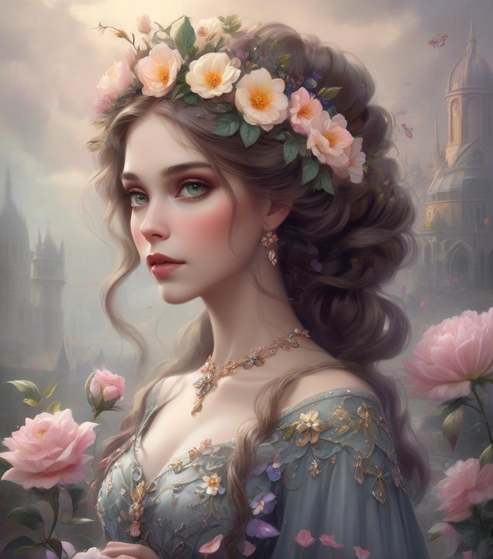  there is a woman with a flower in her hair and a dress, beautiful fantasy art portrait, beautiful fantasy portrait, beautiful fantasy painting, exquisite digital art, fantasy victorian art, exquisite digital illustration, romanticism painting, very beautiful fantasy art, gothic painting, stunning digital art, gorgeous digital painting, stunning digital painting, very beautiful digital art, gothic princess portrait, gorgeous digital art