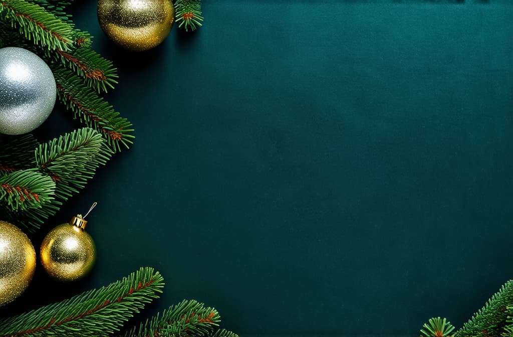  professional detailed photography, new year vertical dark turquoise background with gold and silver balls on fir branches with space for text ar 3:2, (muted colors, dim colors, soothing tones), (vsco:0.3)