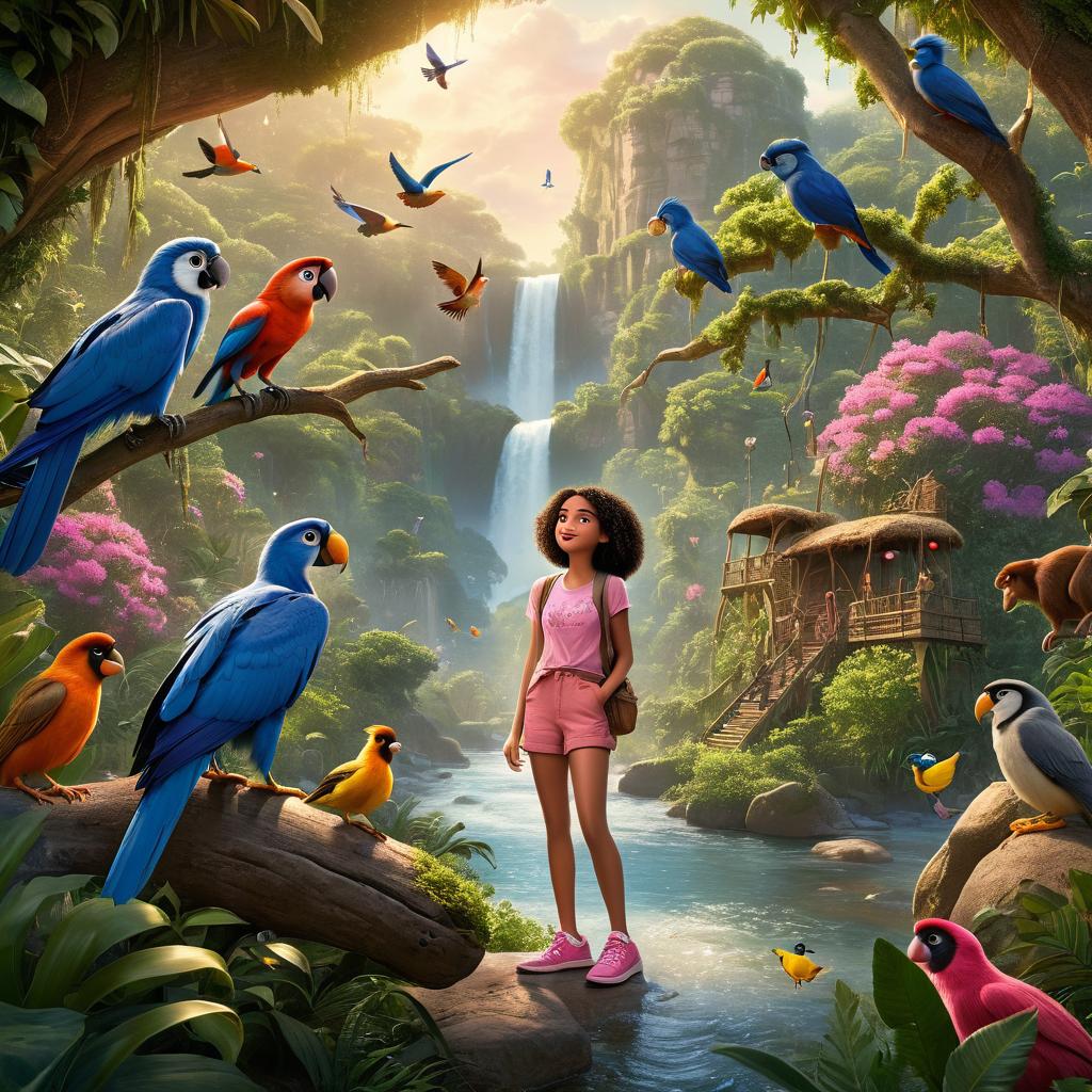  in 3d animated movie style. disney pixar style. paris, a old curious and adventurous in a pink t shirt, blue shorts, and pink sneakers, accompanied by ellie, an ancient and caring figure, and milo, a old. they traverse a lush jungle, crossing a babbling brook, surrounded by colorful birds and primates. high resolution pixar 3d animated style with vint greenery, colorful feathers, warm earth tones, and soft, bright lighting. bird's eye view captures the trio interacting with wildlife on their safari adventure.