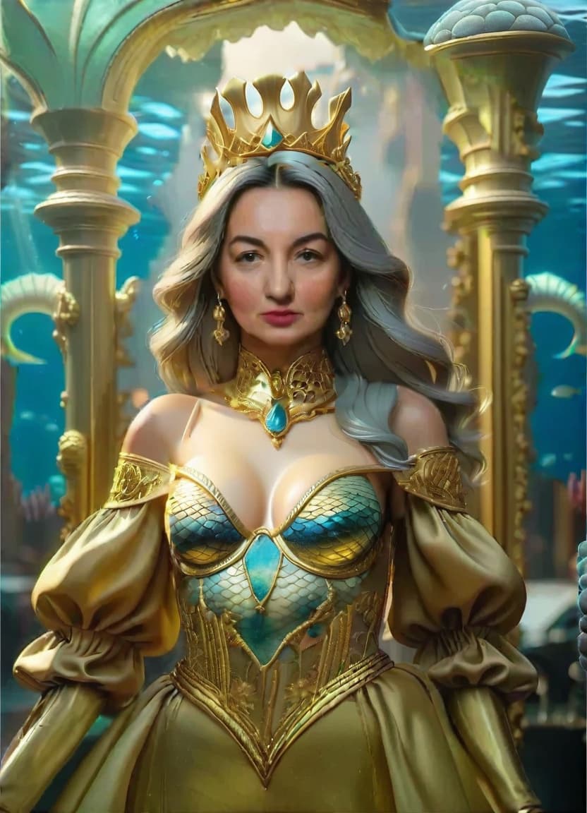  sea queen in scales and gold, with an underwater kingdom in the background, civitai