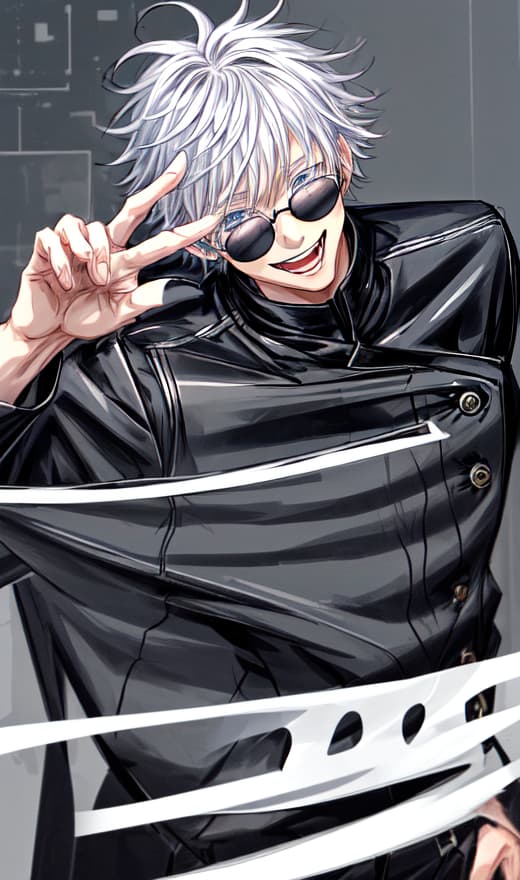  1man, satoru gojo,black jacket,black slim sunglasses,light blue eyes,detailed eyes,messy hair,black pants,white hair,smile,smiling,standing,open mouth,happy face,happy expression,(peace sign),masterpiece,extremely detailed cg unity 8k wallpaper, best quality,32k,focus sharp