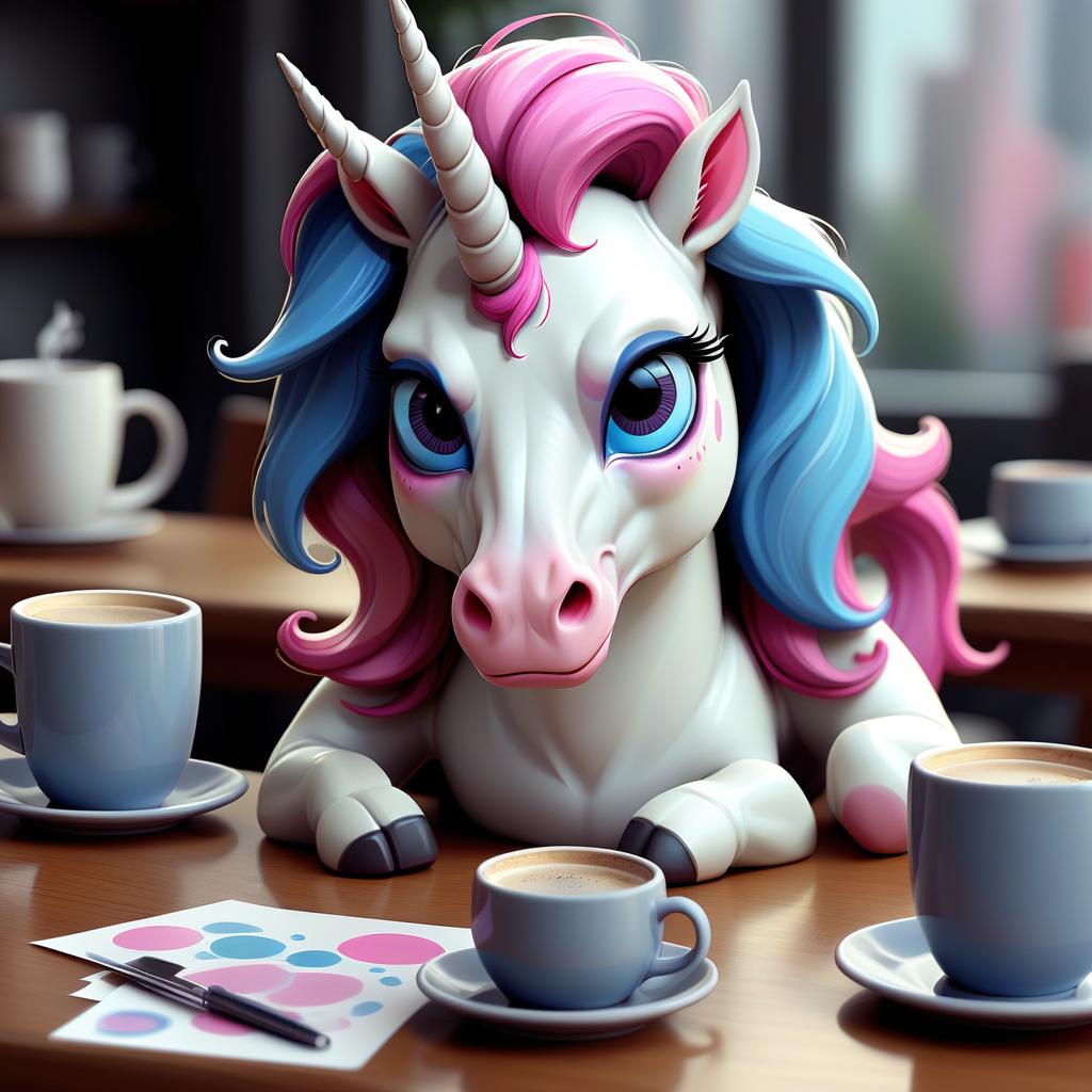  concept art sticker, white unicorn with pink and blue mane dark circles under the eyes, tired and sleepy, sits at a table covered with coffee mugs . digital artwork, illustrative, painterly, matte painting, highly detailed, sticker