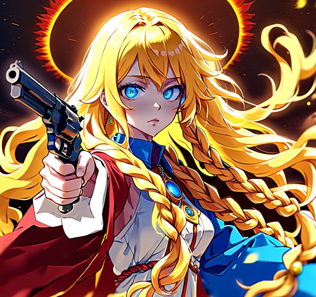  anime artwork palace of the sun goddess. beautiful middle aged girl, goddess in astral robe, yellow long wavy hair, blue eyes with a shade of red, tanned skin and a beautiful body. in his hands is a gun braid, with a sullen imagination of the face. . anime style, key visual, vibrant, studio anime, highly detailed, perfecteyes, perfect hands