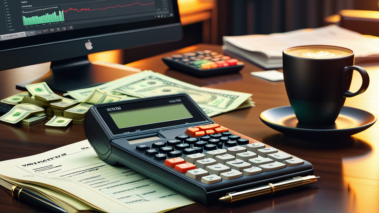  a cluttered desk with a laptop displaying stock charts, a notepad filled with trading notes, a coffee cup, and a calculator, all surrounded by scattered dollar bills and coins, symbolizing the beginning of day trading. hyperrealistic, full body, detailed clothing, highly detailed, cinematic lighting, stunningly beautiful, intricate, sharp focus, f/1. 8, 85mm, (centered image composition), (professionally color graded), ((bright soft diffused light)), volumetric fog, trending on instagram, trending on tumblr, HDR 4K, 8K