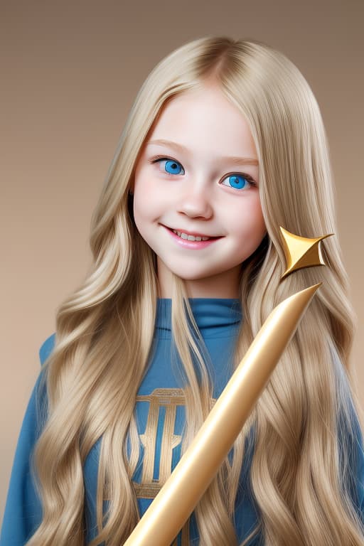  cute modern young adukt girl long wavy blonde hair blue eyes shy smile white skin holding a bronze sceptre epic background