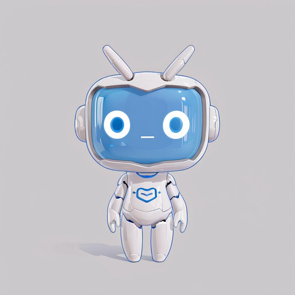  a white cute robot with blue face,a clean and crisp anime illustration with bold outlines, smooth shading,cell shaded, crisp ,flat colors, and a minimalistic background.