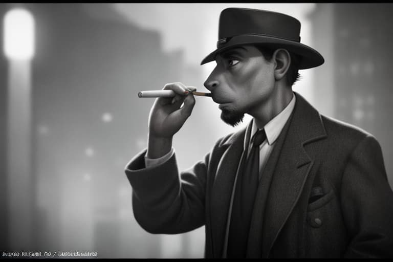  cinematic film still of <lora:1940's style:1> In the 1940's Humphrey Bogart a man in a trench coat and hat smoking a cigarette,solo,looking at viewer,1boy,hat,monochrome,greyscale,male focus,necktie,signature,shadow,facial hair,cigarette,hand in pocket,realistic,manly,trench coat ,realistic,realism,perfection,perfect,filmic,retro,vintage,classic,different haircut,different look,different style,1940's style , 1940 style, shallow depth of field, vignette, highly detailed, high budget, bokeh, cinemascope, moody, epic, gorgeous, film grain, grainy hyperrealistic, full body, detailed clothing, highly detailed, cinematic lighting, stunningly beautiful, intricate, sharp focus, f/1. 8, 85mm, (centered image composition), (professionally color graded), ((bright soft diffused light)), volumetric fog, trending on instagram, trending on tumblr, HDR 4K, 8K