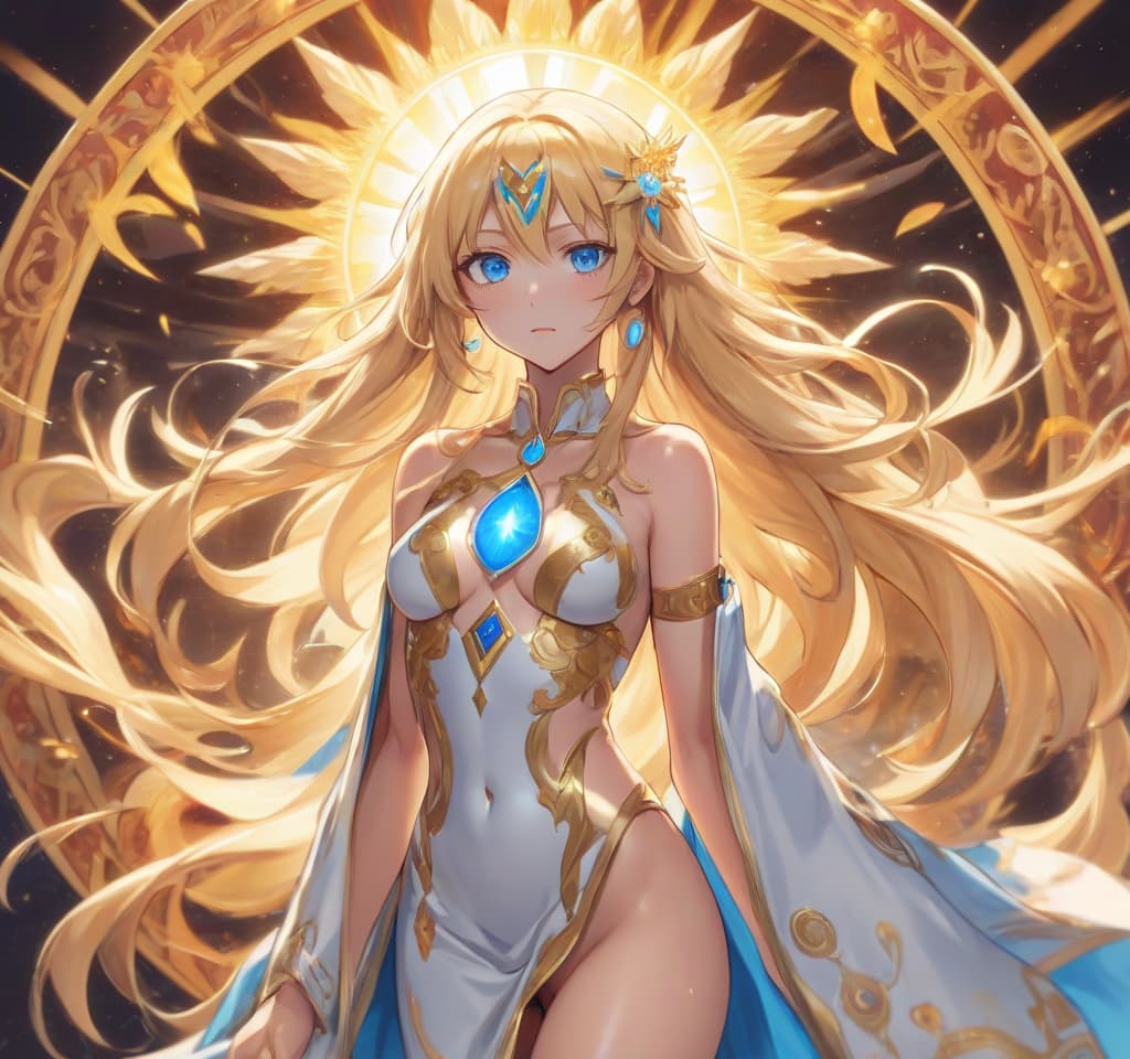  anime artwork divine robe, girl, sun goddess, golden hair, tanned skin, tall, toned body, blue eyes, middle aged . anime style, key visual, vibrant, studio anime, highly detailed