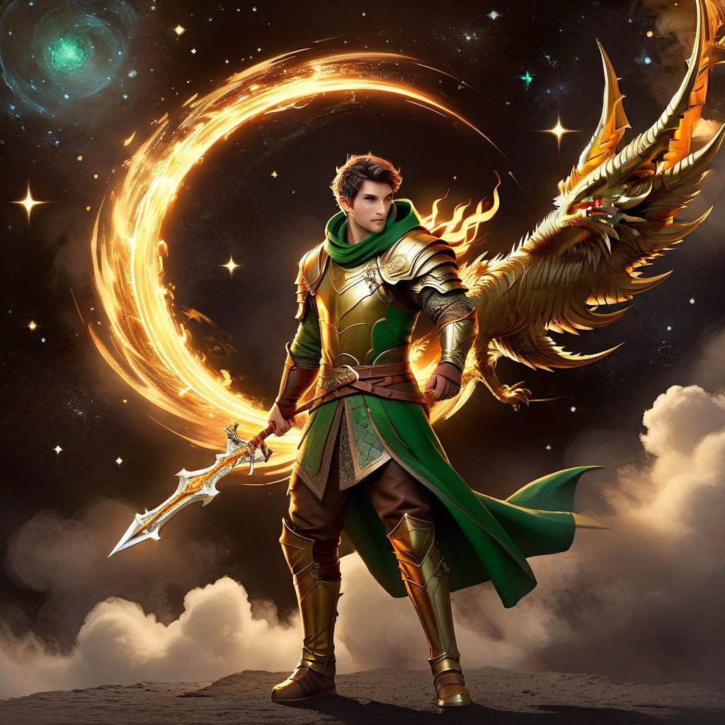  ethereal fantasy concept art of realism style. very precise detail. the full length image is located within the frame. double plan. image in a fire gold patterned frame made in celtic style. (nearby plan). image vector from left to right. an elf archer dressed in a white shirt, brown sleeveless and green cape with a hood shoots from a bow. in the sky you can see stars, comets and galaxies. (second plan). vector left to right. a dragon with a golden skin flies in the black sky. the golden dragon has two golden wings on its back and carries a scroll with golden letters in its paw. . magnificent, celestial, ethereal, painterly, epic, majestic, magical, fantasy art, cover art, dreamy, glowneon, on parchment