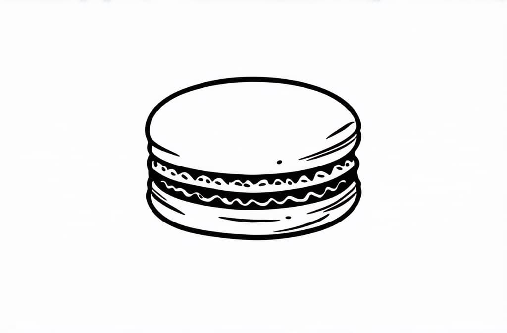  contour, very simple image in one unbroken black ink line, single line of macarons, engraving illustration, icon isolated on white background ar 3:2 using a single continuous black line ink brushon white background, drawing should be created without lifting the pen, recognizable features of macarons, engraving illustration, icon isolated on white background ar 3:2 in one unbroken line