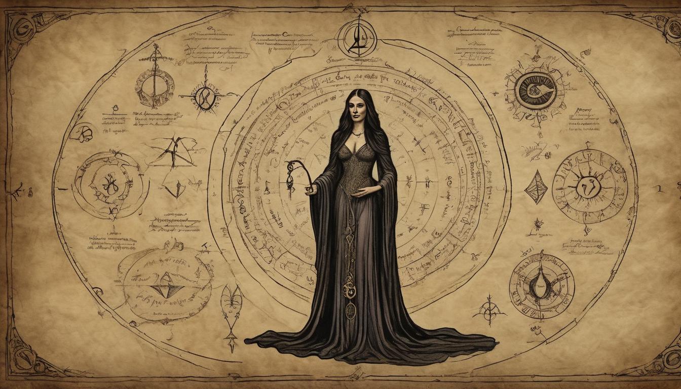  on parchment, surrealism++, dark sorceress in elaborate robes, arcane symbols glowing, amidst mystical alchemical symbols, ethereal light, shadowy ambiance(mysterious, provocative, symbolic)++