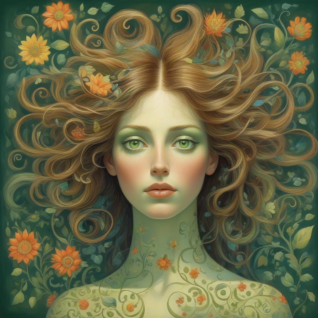  a colorful artistic portrayal of a woman with vibrant, swirling hair and captivating green eyes, infused with floral elements. vibrant portrait of a beautiful woman, expressive eyes, flowing hair, intricate details, soft and elegant features, ethereal aura, whimsical elements, rich color palette, watercolor, colored ink, oil pastels, textured strokes, dreamlike quality, by gabriel pacheco, michael sowa, bernard kliban, high resolution, intricate patterns, captivating gaze, fantasy inspired, magical ambiance, surreal lighting,