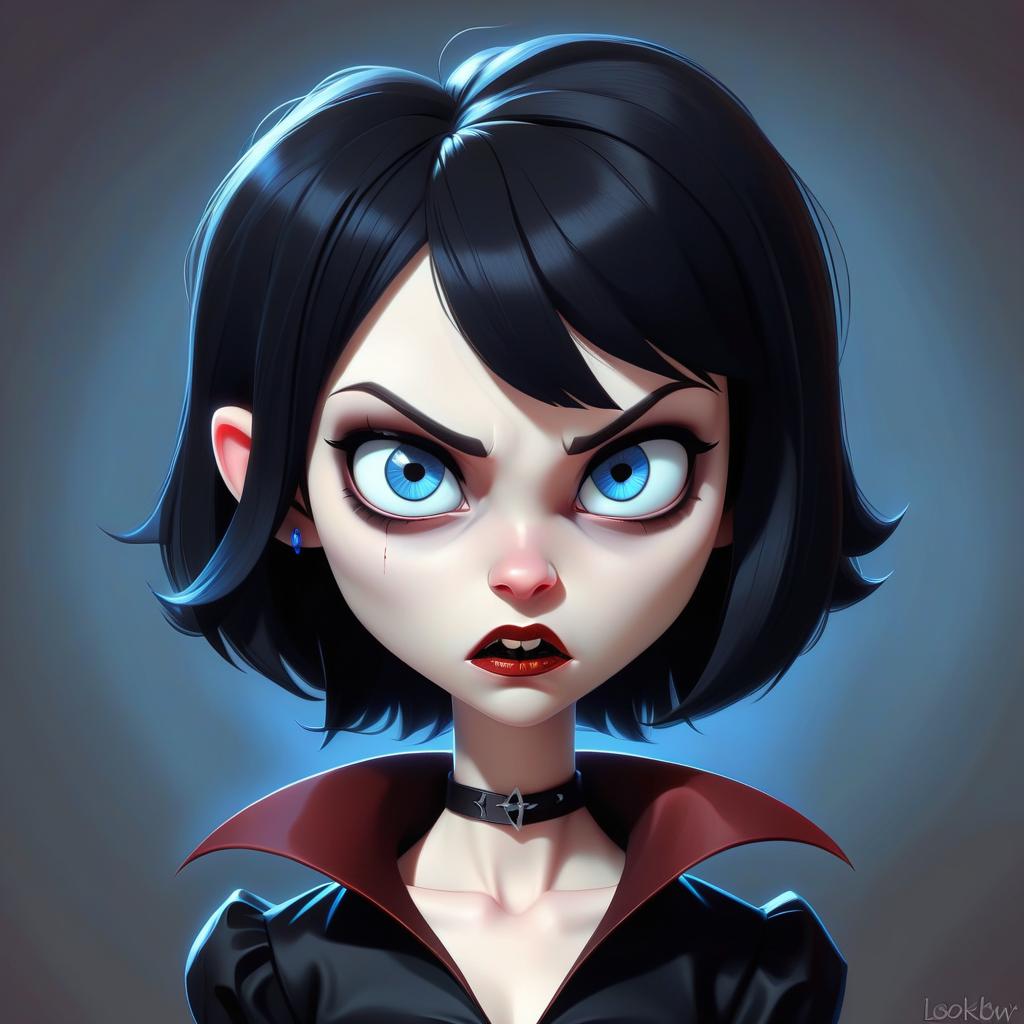  cartoon, girl, vampire, black short hair, blue eyes.