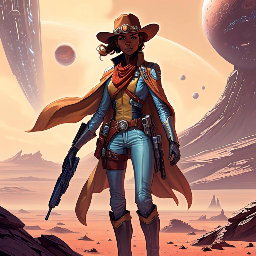  draw a full length adventure character on a distant colonized planet. we need to develop his character and specialization. she's a seasoned space cowboy. what is the main feature?