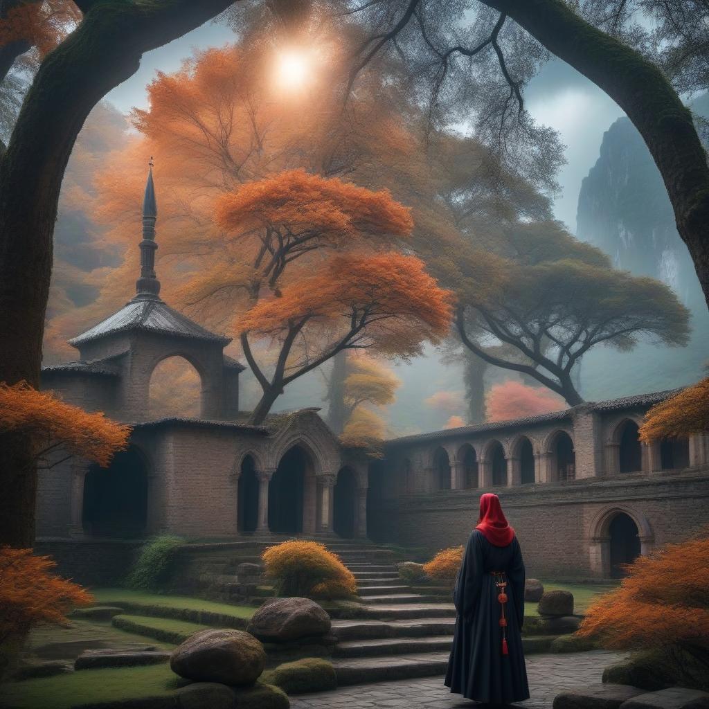  Beautiful deserted monastery landscape, beautiful architecture, cloudy sky, rain hyperrealistic, full body, detailed clothing, highly detailed, cinematic lighting, stunningly beautiful, intricate, sharp focus, f/1. 8, 85mm, (centered image composition), (professionally color graded), ((bright soft diffused light)), volumetric fog, trending on instagram, trending on tumblr, HDR 4K, 8K