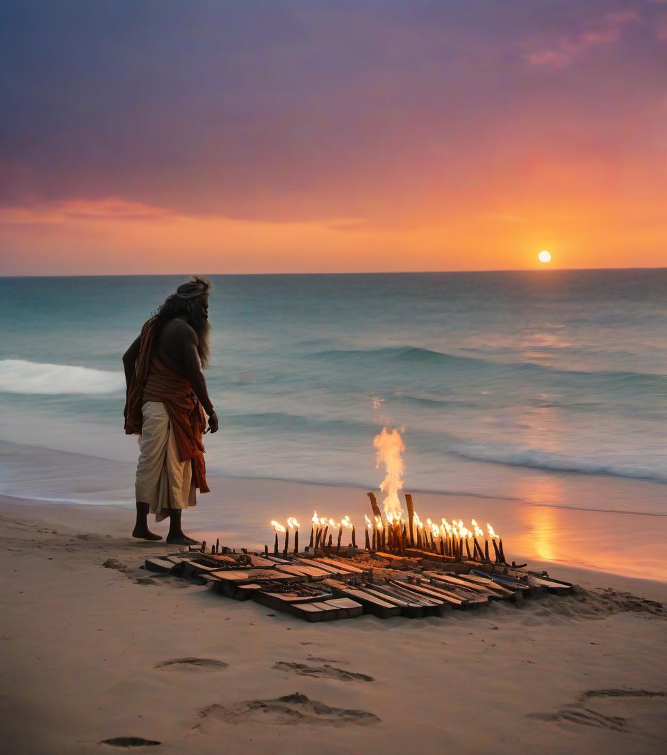  middle plan, on the beach on the sand, there are several boards of sadhu (for nails), next to the smoke of bragovonia and beautiful candles burn, against the background of the sea with a beautiful sunset, but this background has a cinematic blur, film photography style