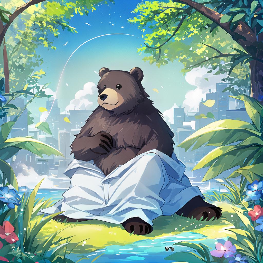  bear in sitting on blue chair in zoo setting, cute illustration