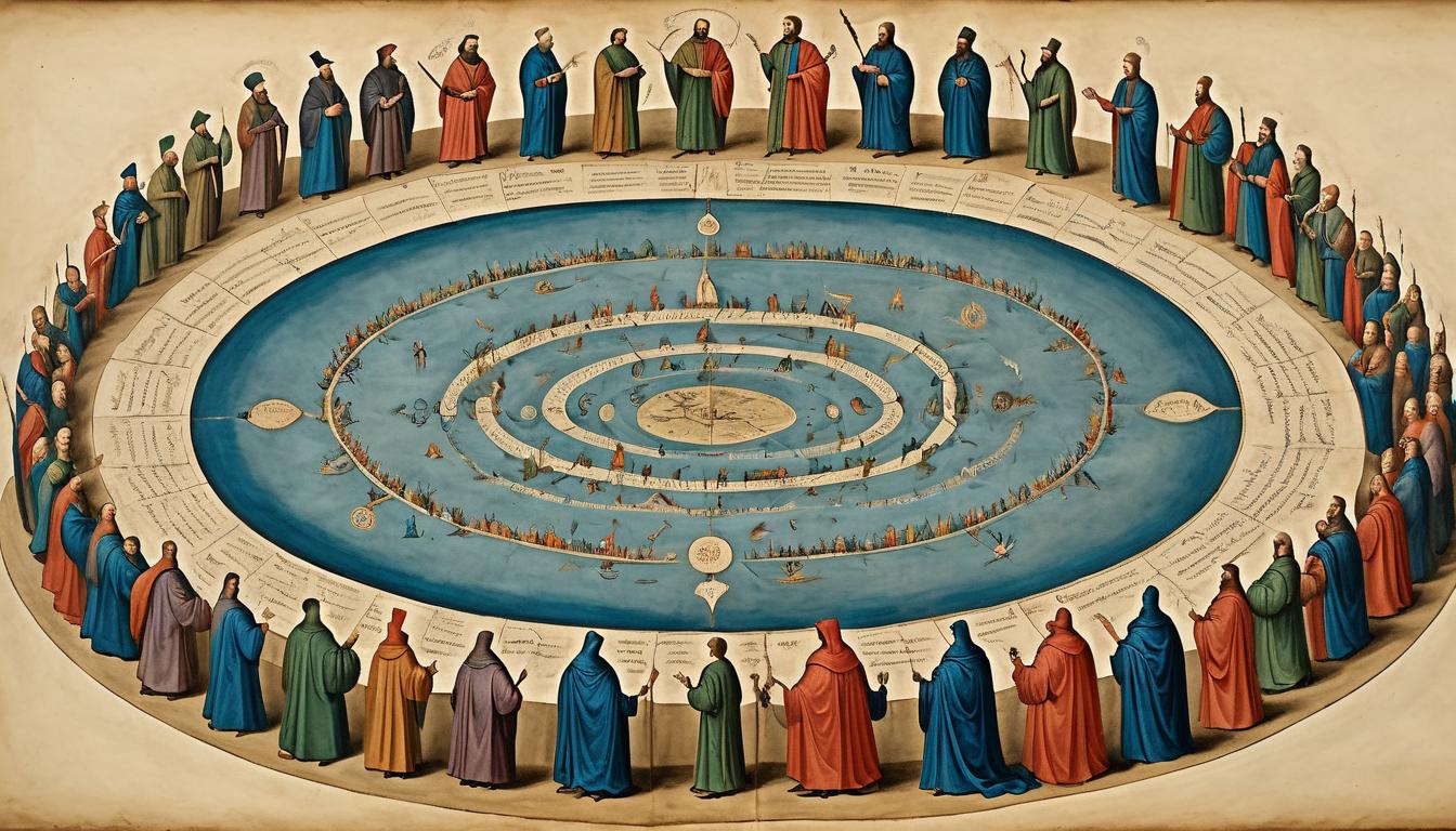  on parchment, surrealism+++, circle of nearly 100 robed figures, hands linked, strong community bond, unity, collective strength(mysterious, provocative, symbolic,muted color)+++