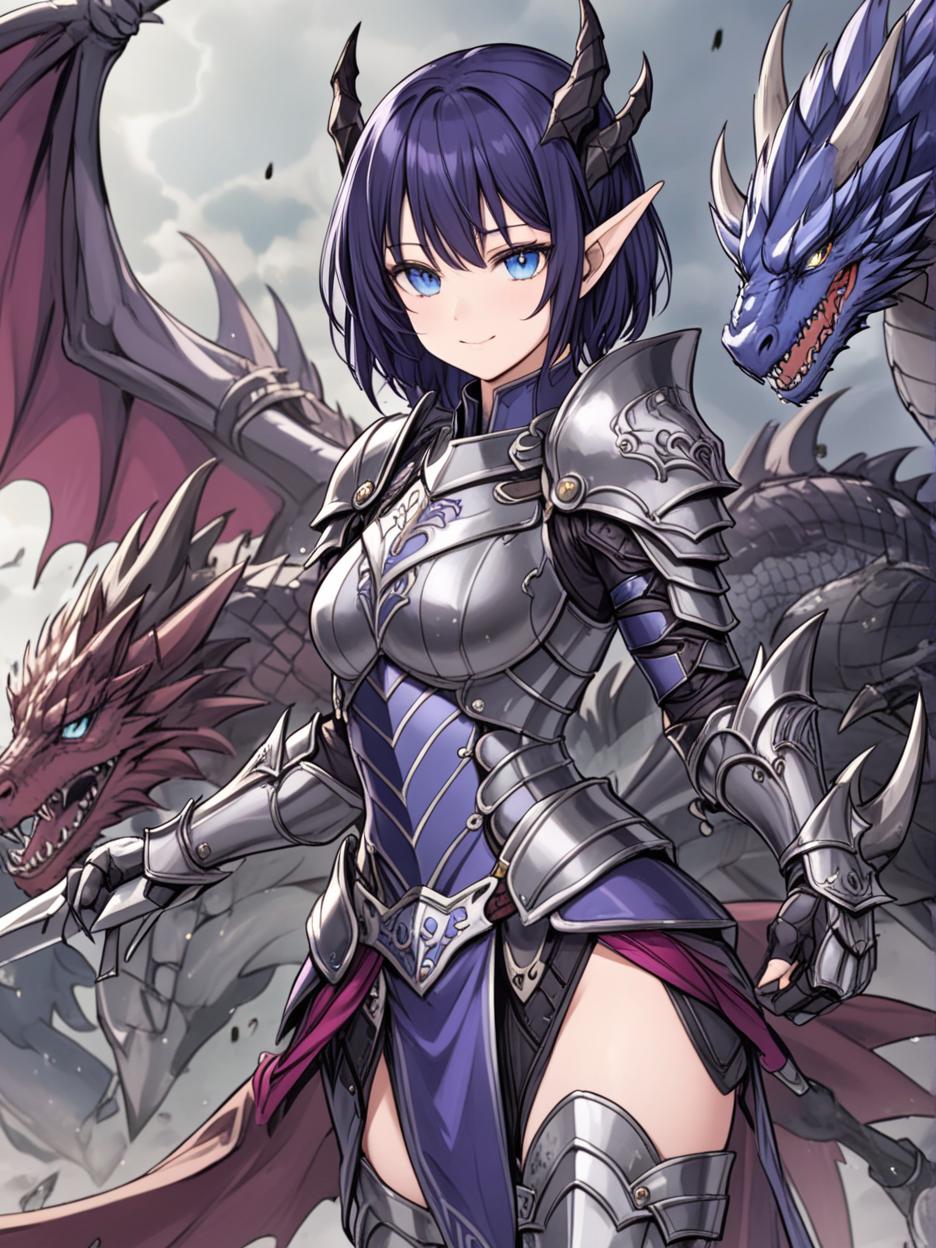  manga artwork an anime photo of a half human, half dragon warrior, she has very dark purple hair, a pleasant smile, very beautiful blue eyes, a grayer skin, a light black knight armor, broken black wings, and, hands with dragon claws mixed with the armor, a long dragon tail, and other details of her dragon form mixed with her human appearance, she has a more adult and very strong body, with a slender build. manga artist. manga, highly emotional. best quality, high resolution