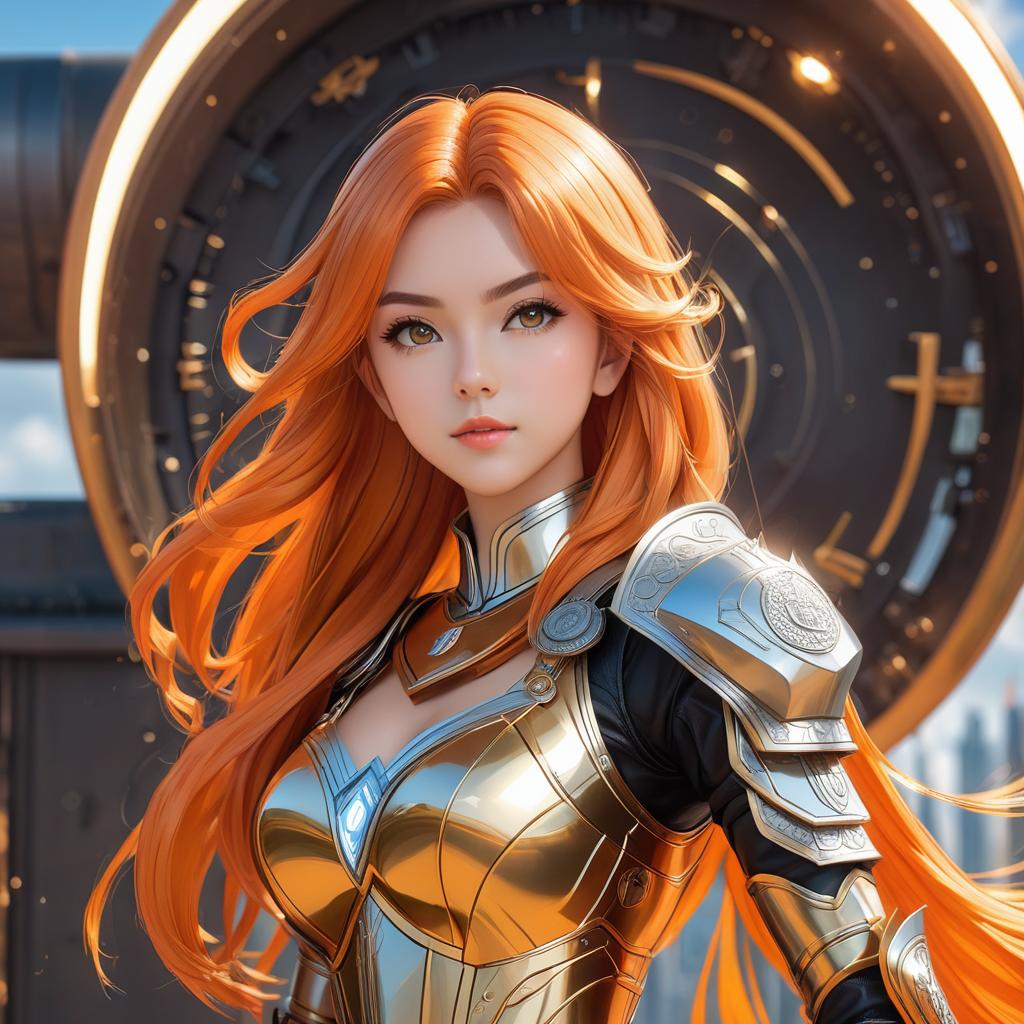  front view, masterpiece, best quality, photorealistic, raw photo, (1girl, looking at viewer), long orange hair, bitcoin mechanical armor,bitcoin intricate armor, delicate orange filigree, intricate filigree, orange metalic parts, detailed part, dynamic pose, detailed background, dynamic lighting,, anime artwork, anime style, key visual, vibrant, studio anime, highly detailed