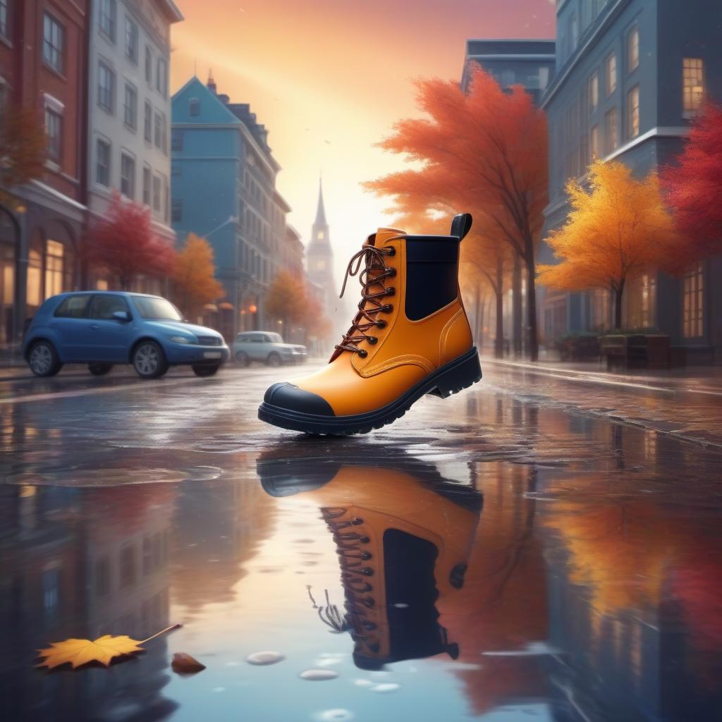  A centipede in bright rubber boots walks through puddles against the background of an autumn city, a bright dynamic picture in the style of a kortoon, digital painting with drawing details