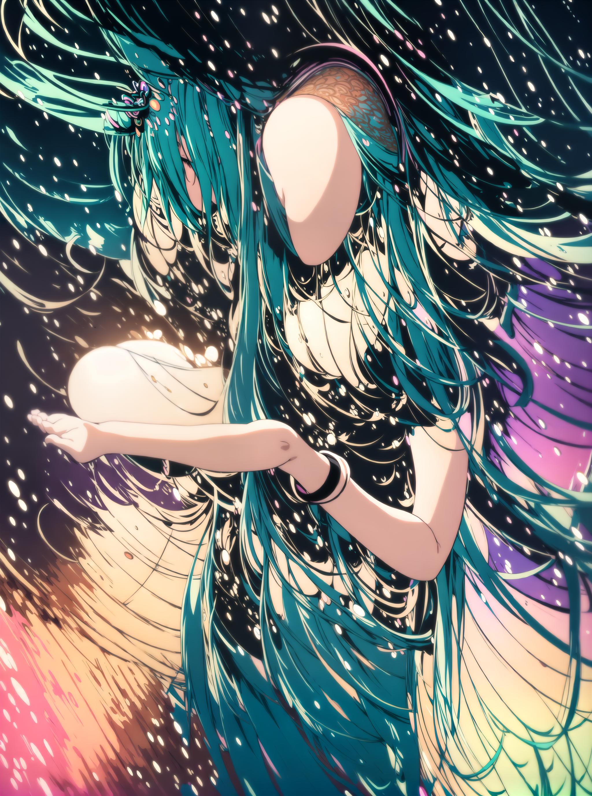  (masterpiece, best quality, highres:1.2), (intricate and beautiful:1.2), (detailed light:1.2), (colorful, dynamic angle), upper body shot, fashion photography of cute, intense long hair, (hatsune miku), dancing pose, flirting with pov, dynamic pose, soft moonlight passing through hair, (abstract colorful art background:1.3), (official art), (cinematic)