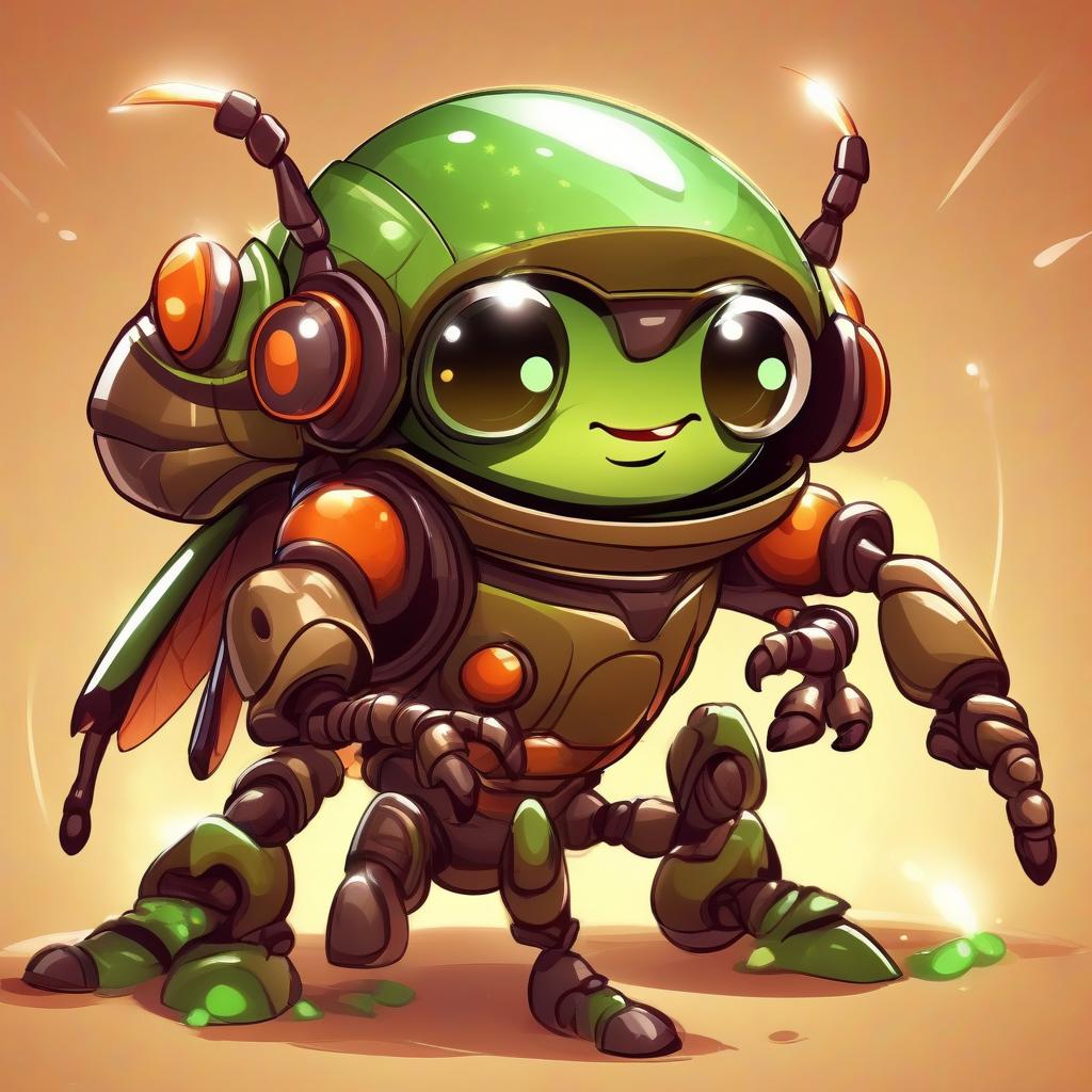  cute cartoon insect beetle character with a green body, big expressive eyes and a smile on his lips. on his head he has a huge brown helmet with goggles, giving him an adventurous look. the insect beetle stands confidently holding a blaster, he has graceful wings and long tendrils. the background is simple and bright inside the starship to emphasize the charm of the funny character with the weapon.