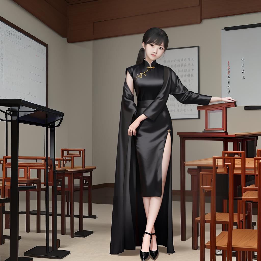  Chinese female teacher stands at the lectern to give lessons, female teacher only wears black silk and black high heels