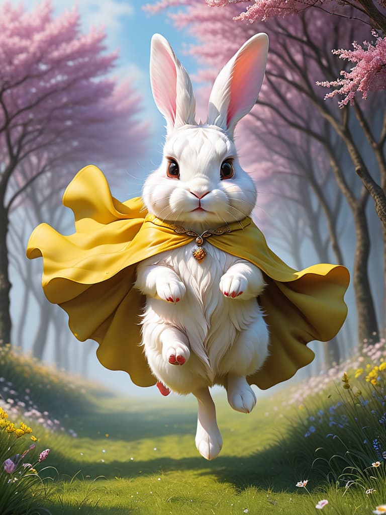  jumping rabbits, fluttering ears, agile movement, a small, hairy, white rabbit with bright eyes and pink noses. it's wearing a bright yellow cape photo realistic, highly intricate and detailed, masterpiece, ultra high res,photography,8k resolution