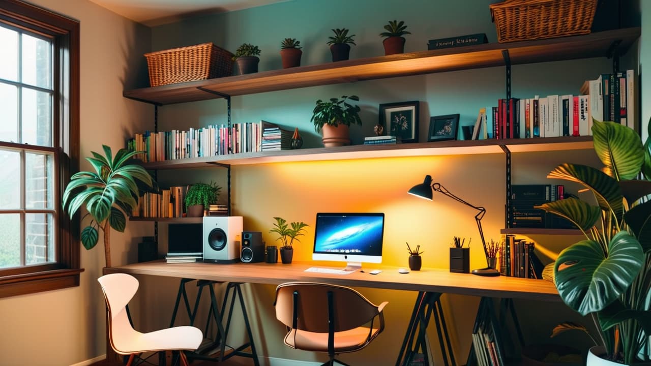  a serene home office with a minimalist desk, organized shelves, vibrant plants, a warm light source, and a coffee mug. incorporate stylish storage solutions, a cozy chair, and motivational decor elements to inspire productivity. hyperrealistic, full body, detailed clothing, highly detailed, cinematic lighting, stunningly beautiful, intricate, sharp focus, f/1. 8, 85mm, (centered image composition), (professionally color graded), ((bright soft diffused light)), volumetric fog, trending on instagram, trending on tumblr, HDR 4K, 8K