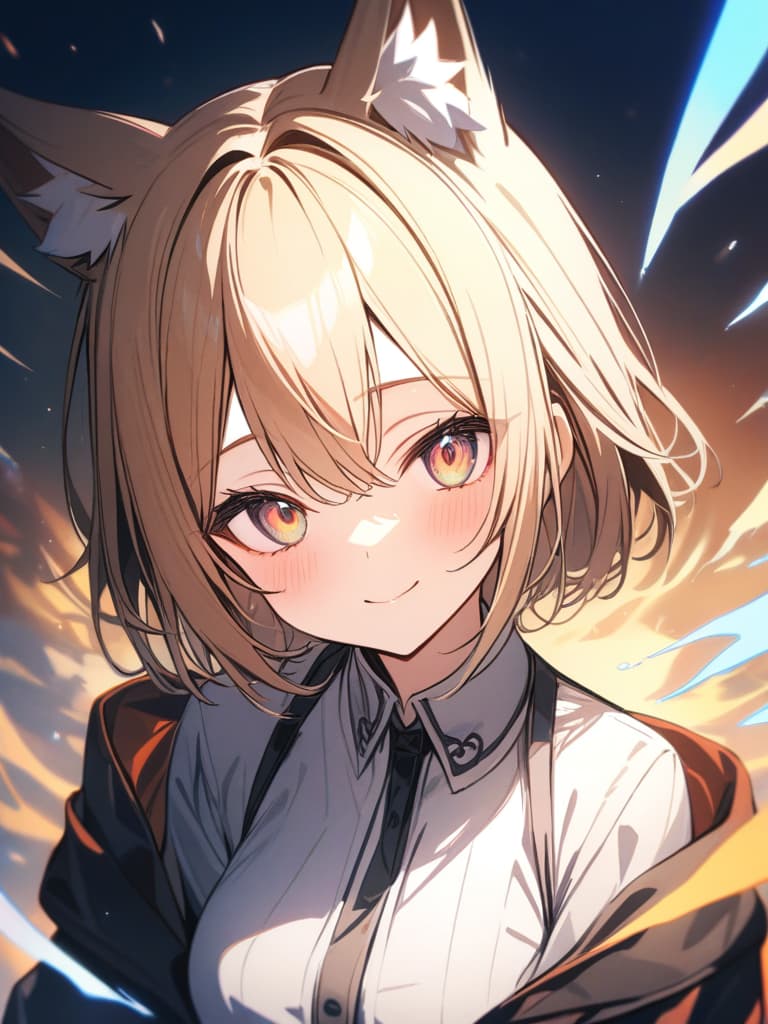  blond, fox, cute, gradation eyes, fox ears, short hair, energy, smiling, right now, masterpiece, best quality,8k,ultra detailed,high resolution,an extremely delicate and beautiful,hyper detail