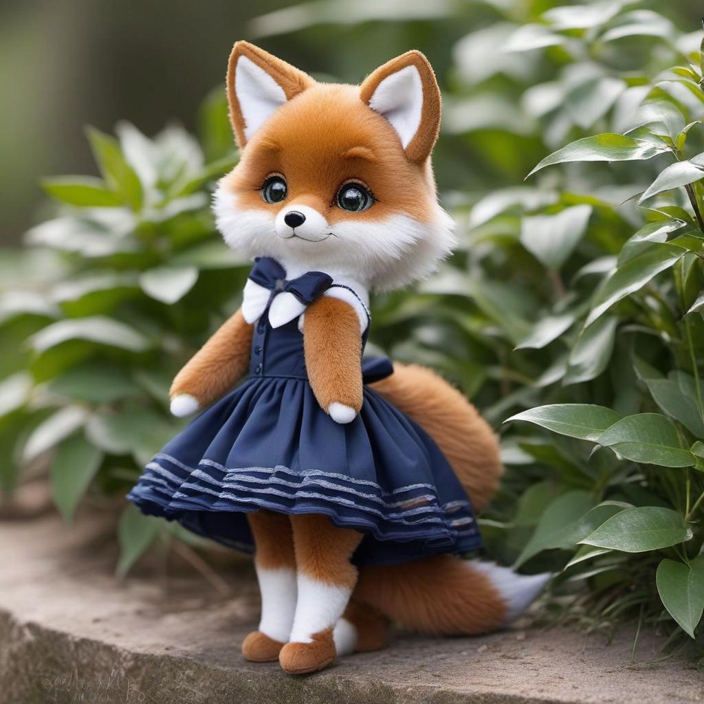  a girl fox hybrid with dark brown and white ears and tail, green eyes, cute freckles, i’m wearing a navy blue baby doll dress, profile image style