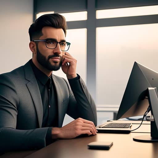  man sitting at a desk looking at all the possibilities that the future holds hyperrealistic, full body, detailed clothing, highly detailed, cinematic lighting, stunningly beautiful, intricate, sharp focus, f/1. 8, 85mm, (centered image composition), (professionally color graded), ((bright soft diffused light)), volumetric fog, trending on instagram, trending on tumblr, HDR 4K, 8K