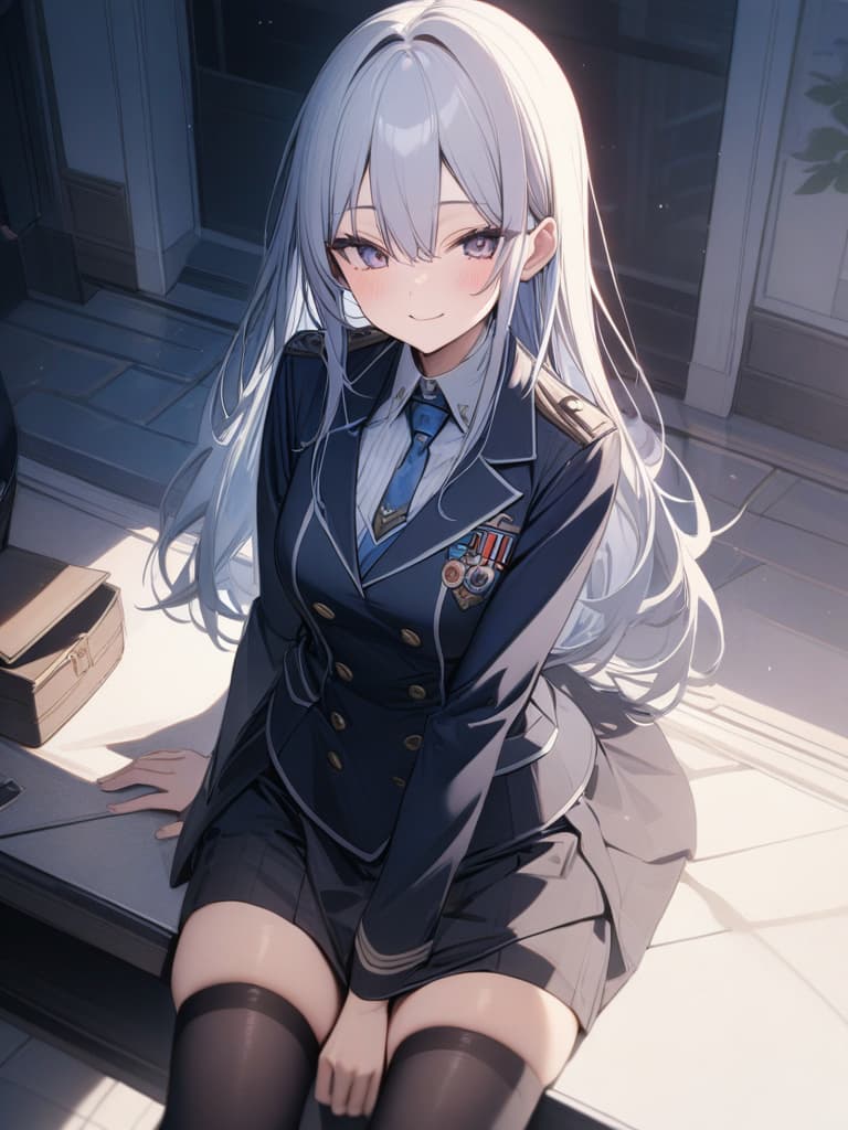  smile girl, dark blue blazer, uniform, mini , long hair, cute, dark blue high socks, masterpieces, winks, winks, masterpiece, best quality,8k,ultra detailed,high resolution,an extremely delicate and beautiful,hyper detail