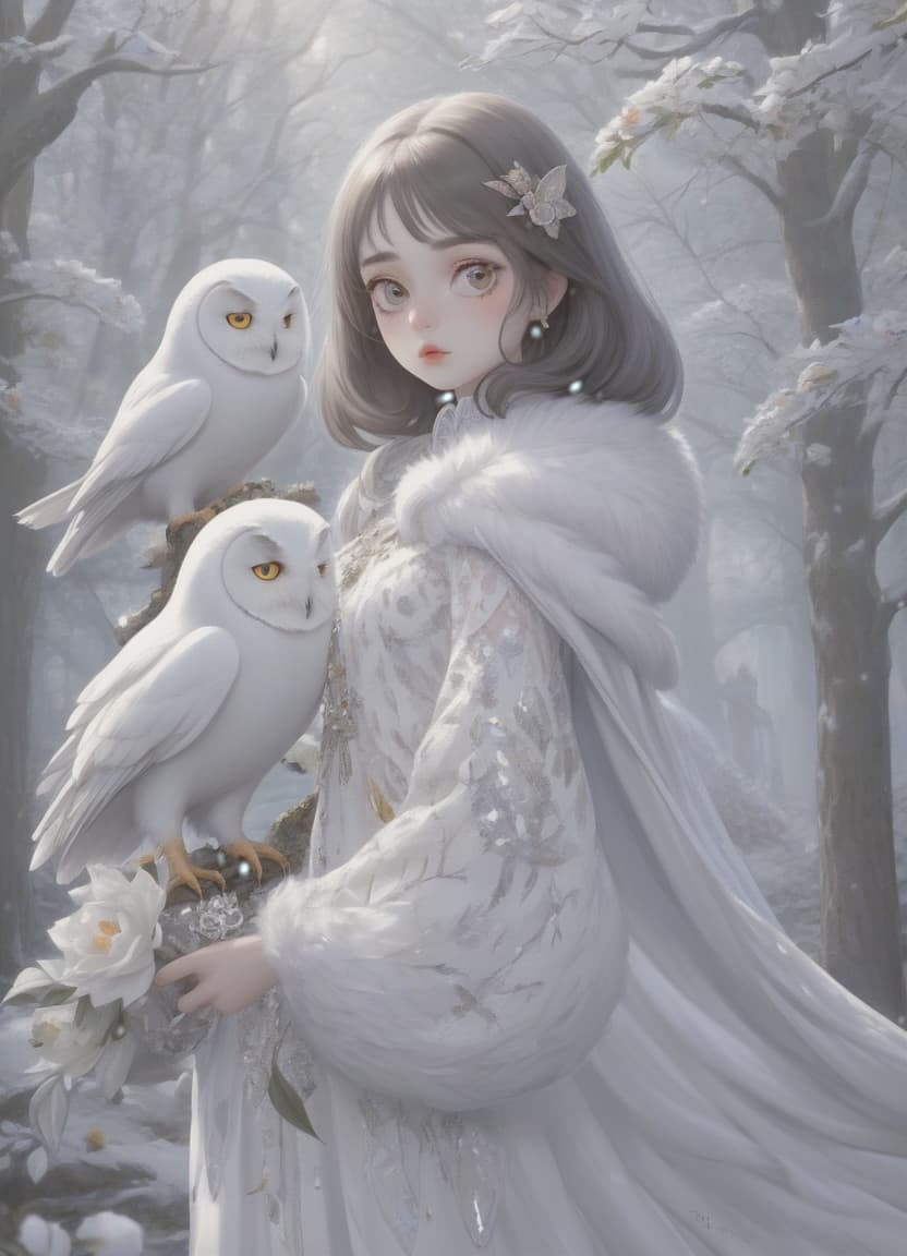  very beautiful girl and white owl, huge eyes, plump lips, transparent outfit of scales, flowers, feathers of mysticism, fantasy, fabulous forest, soft light, glitter, beautiful, 5d, realistic, 128k, high resolution, high detail, hyperrealism, 300dpi, highly detailed digital painting, gothic art, horror realistic, f/19, 1/400s, muted lighting, sparkling snow, psychedelic, hyperrealistic