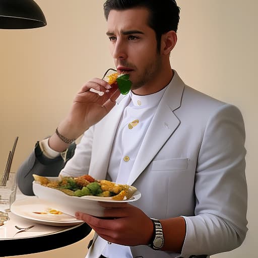  one businessman eat expensive food in restourant hiperrealism, aesthetic